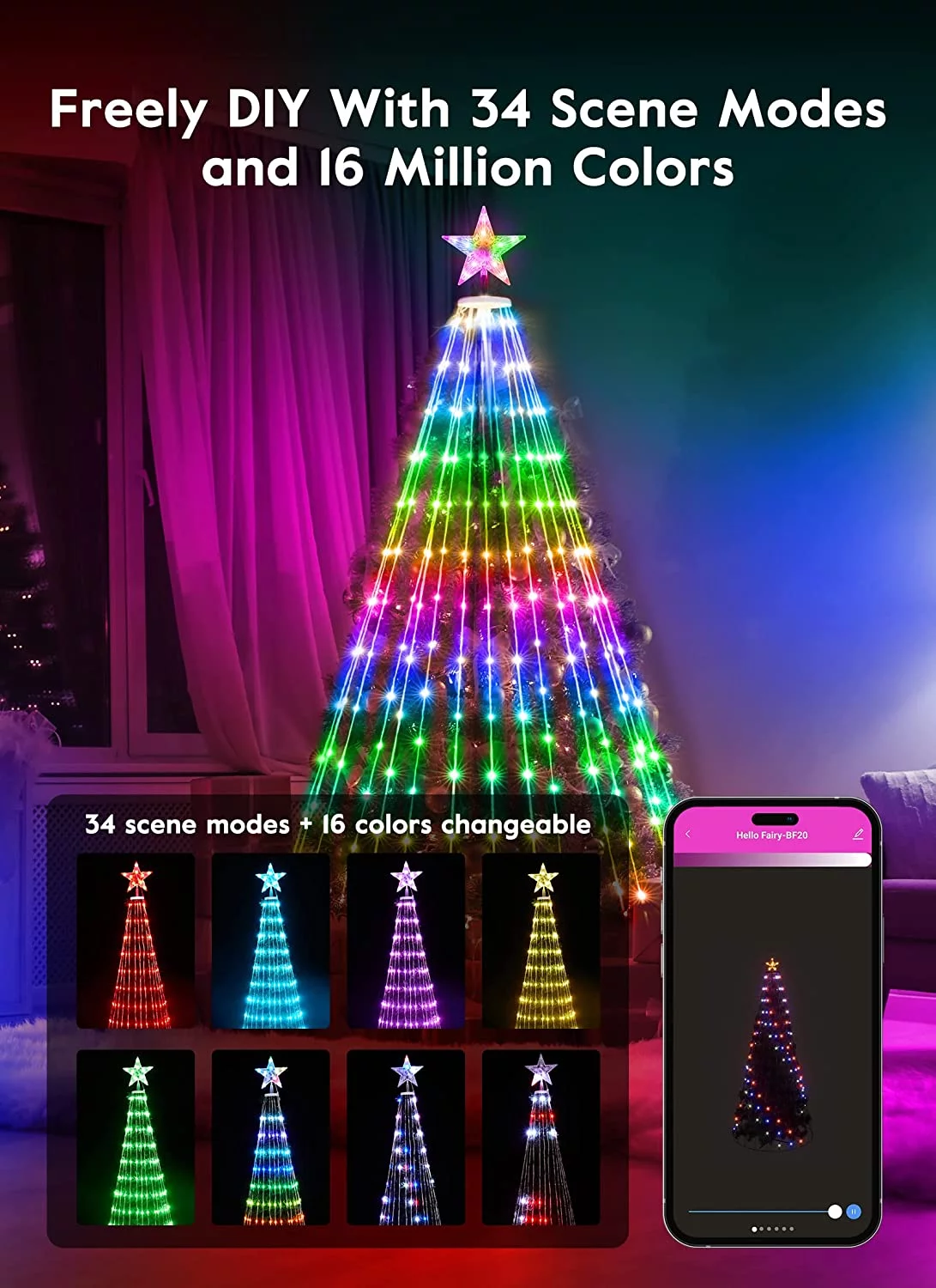 Brightown Smart Christmas Cone Tree LED Light, 6ft 265 LED Music Sync with Remote APP, Local Control, Pattern and Text Displayable, 16 Million Colors LED Light Show Tree for Indoor Outdoor Decorations