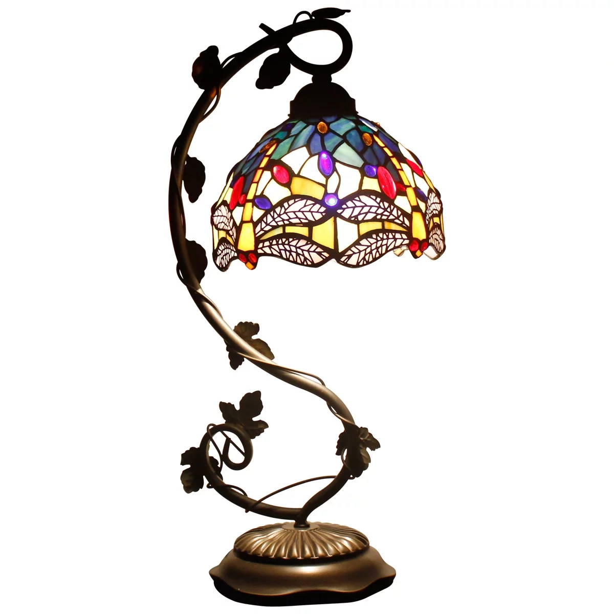 Tiffany Desk Lamp Banker Stained Glass Bedside Table Lamp Blue Yellow Dragonfly Style Metal Leaf Thin Base 21