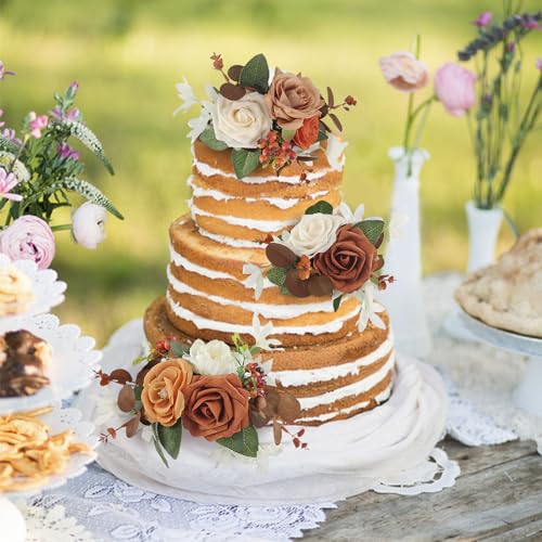 Rinlong 3Pcs Pre-made Cake Topper Cake Decorating Flowers for Christmas Cake Decor Burgundy Xmas Cake Decorations for Wedding Baptism