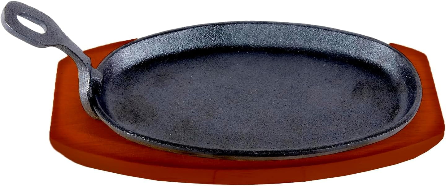 Cast Iron Steak Or Fajita Plate 8 X 4 1/2 Inside Dimension W/Wooden Holder And Handle