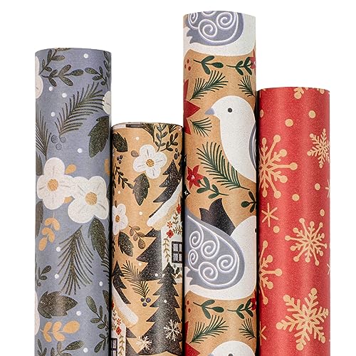 RUSPEPA Christmas Kraft Wrapping Paper - Owl, Reindeer, Christmas Ball and Text Design - 4 Rolls - 30 inches x 10 feet per Roll
