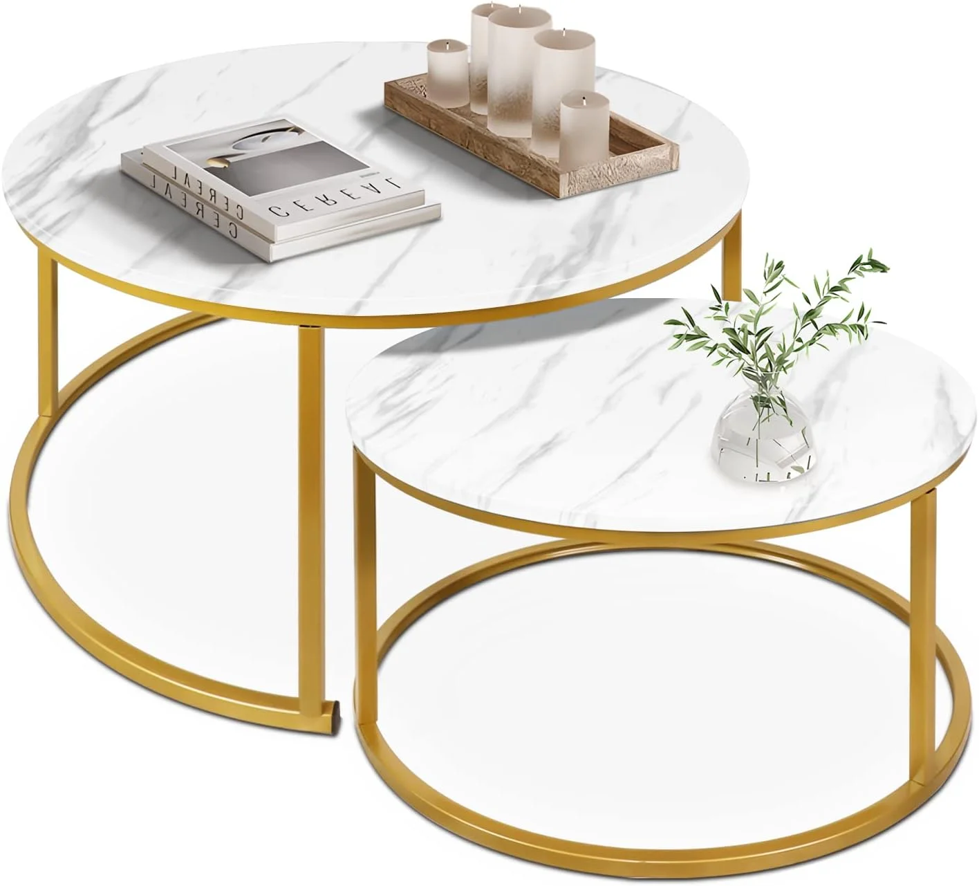 xrboomlife 35" Nesting Coffee Table Set of 2 Modern Marble Look Round End Stacking Sofa Side Nest of Table for Living Room Apartment Office Sturdy and Easy Assembly