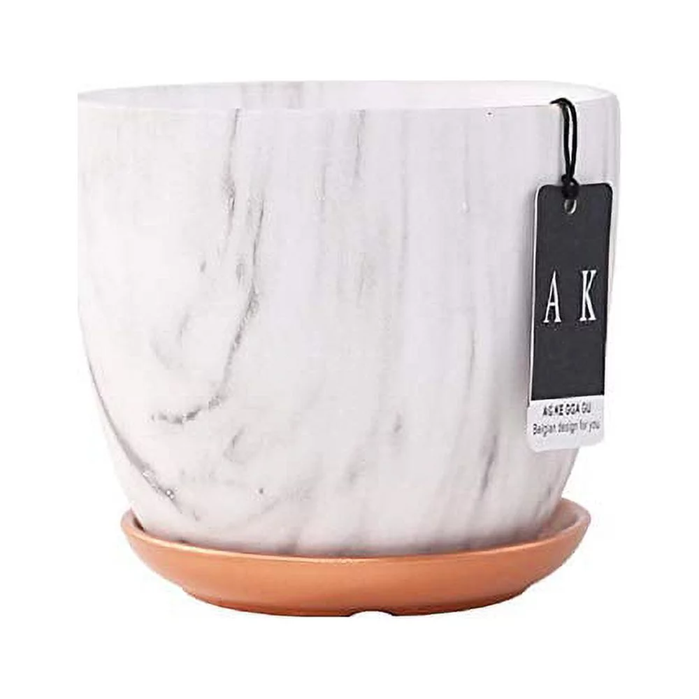 FEIAA Ceramic Planter Flower Pot 6 Inch Orchid Plant Pots with Holes and Saucer Modern Marble White Gold Container for Home Decoration Indoor Outdoor