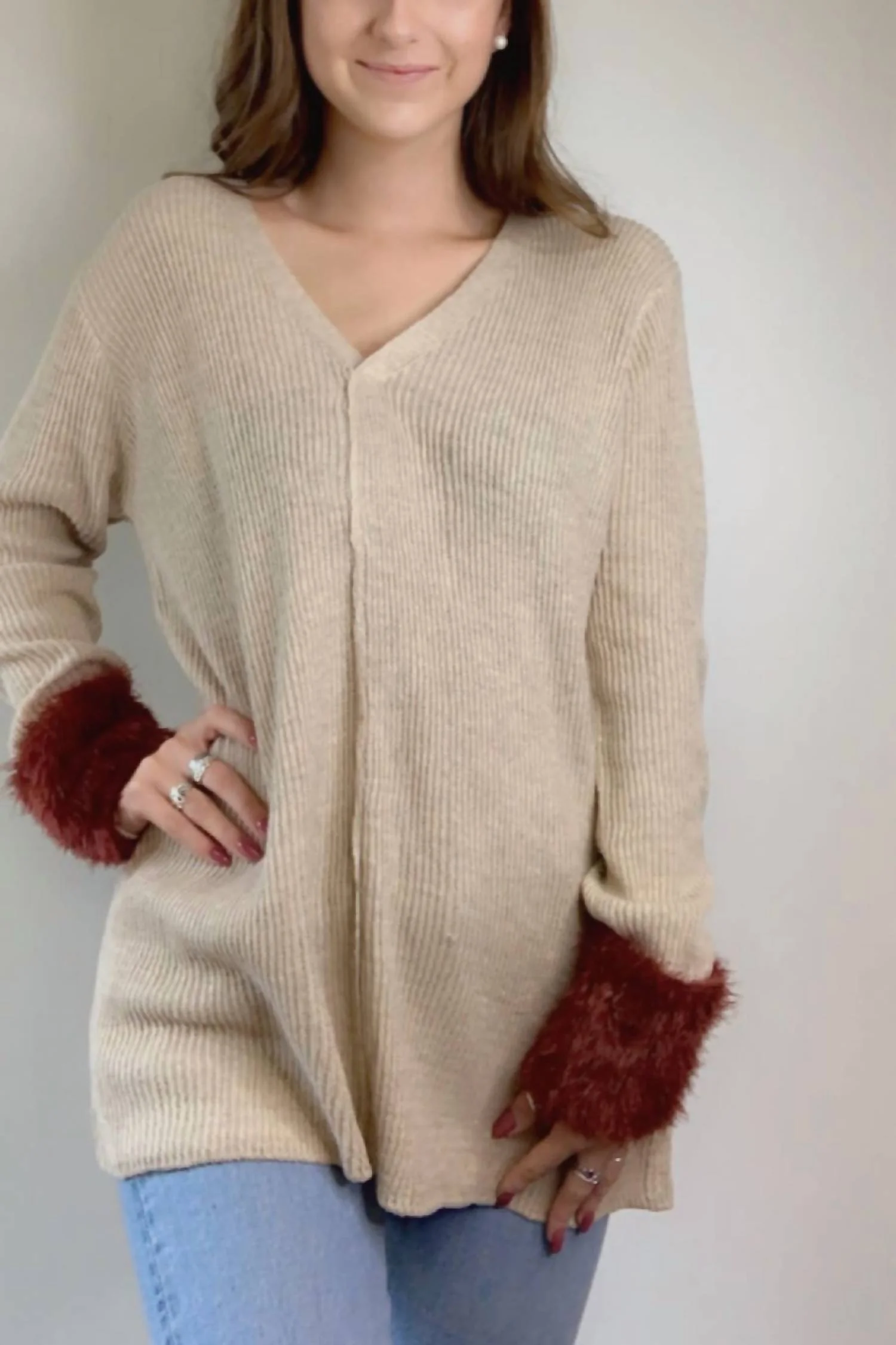 LoveRiche V Neck Sweater With Fur Accent Cuffs