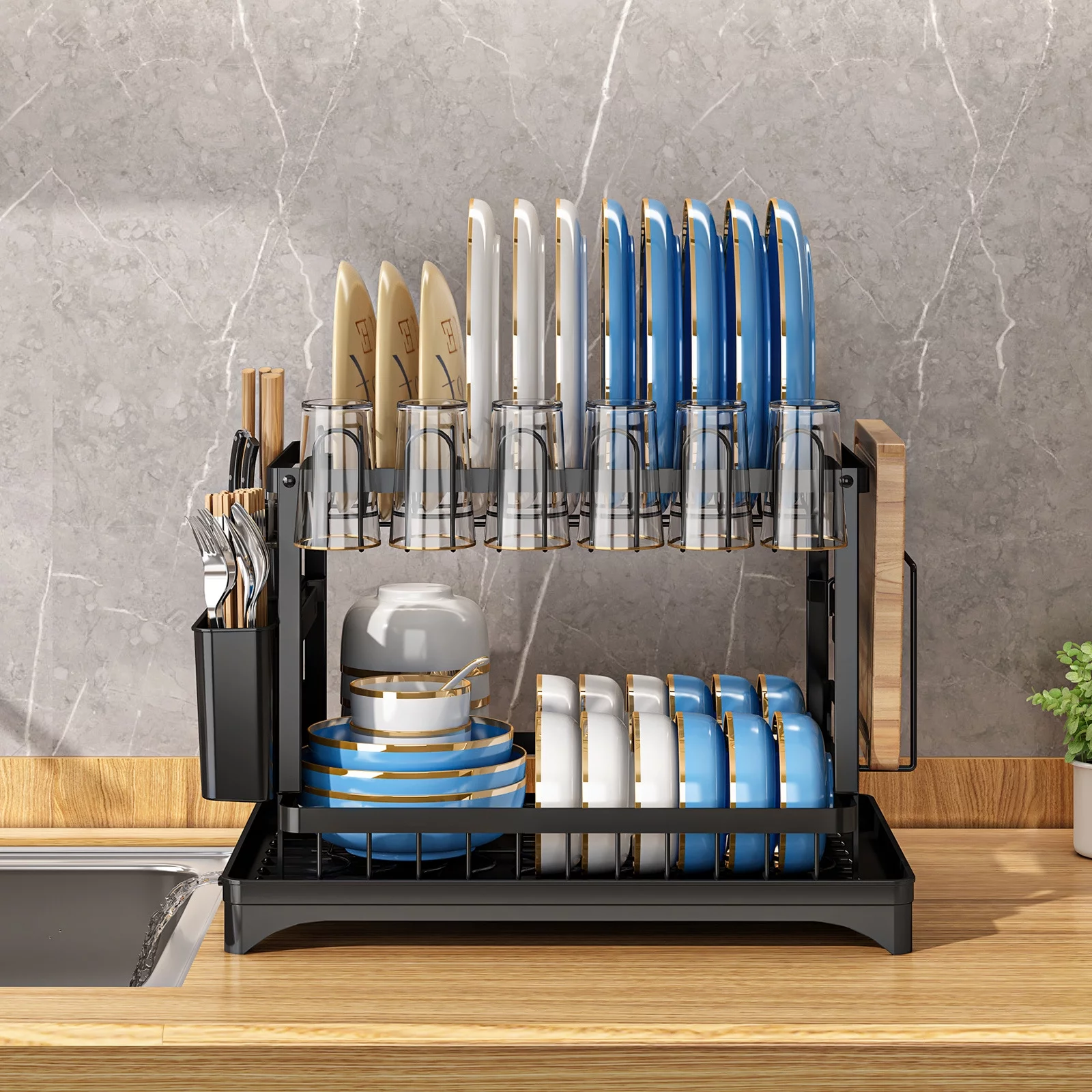 Kogiio 2-Tier Dish Drying Rack with Drainboard,  Black Metal Large Capacity Dish Drainer