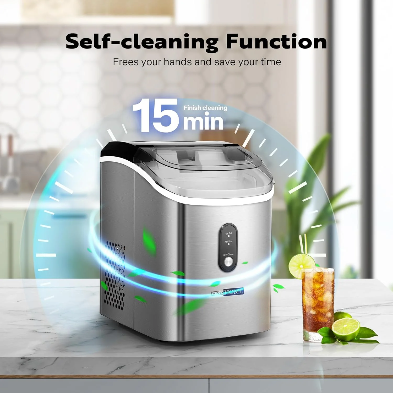 SPECSTAR Nugget Ice Maker Machine, Countertop Ice Cube Maker Machine with Hand Scoop 10 Ice Bags and Self Cleaning Function 33lbs/Day Silver