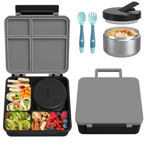 Bento Lunch Box with 8oz Soup Thermo, Kids Leakproof Lunch Food Containers with 4 Compartment, Kids Thermo Insulated Hot Food Jar for School, Trvael - (Pink)