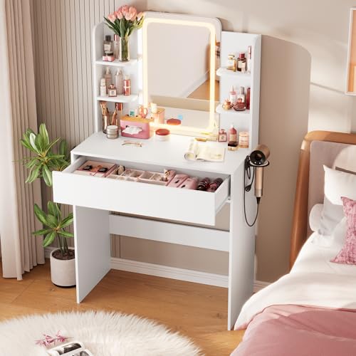 HAIOOU Small Vanity Desk with Mirror and Lights, Makeup Vanity Desk with Storage Drawer, Compact Dressing Table with 3-Tier Open Shelf for Girls Women Bedroom (White)