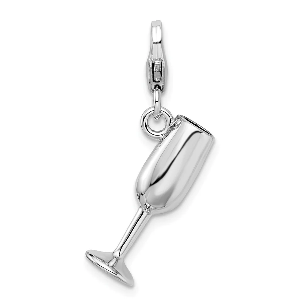 925 Sterling Silver RH 3-D Enameled Red Wine Glass With Lobster Clasp Charm Pendant; for Adults and Teens; for Women and Men