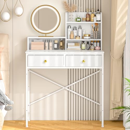 Makeup Vanity Desk No Mirror for Bedroom, Vanity Table Set with 2 Drawer and Open Storage Shelves, Small Vanity for Small Spaces, White Dressing Table, 31.5in(L)