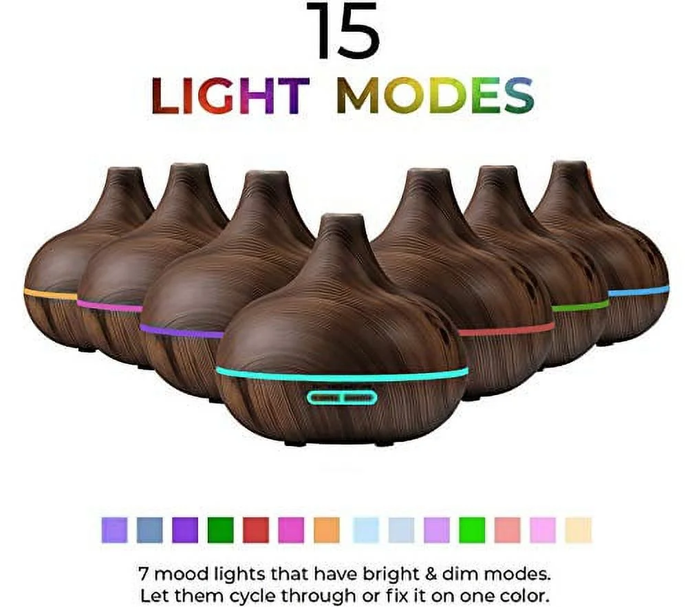 Ultimate Aromatherapy Diffuser & Essential Oil Set - Ultrasonic Diffuser & Top 10 Essential Oils - 300ml Diffuser with 4 Timer & 7 Ambient Light Settings - Therapeutic Grade Essential Oils - Dark Oak…