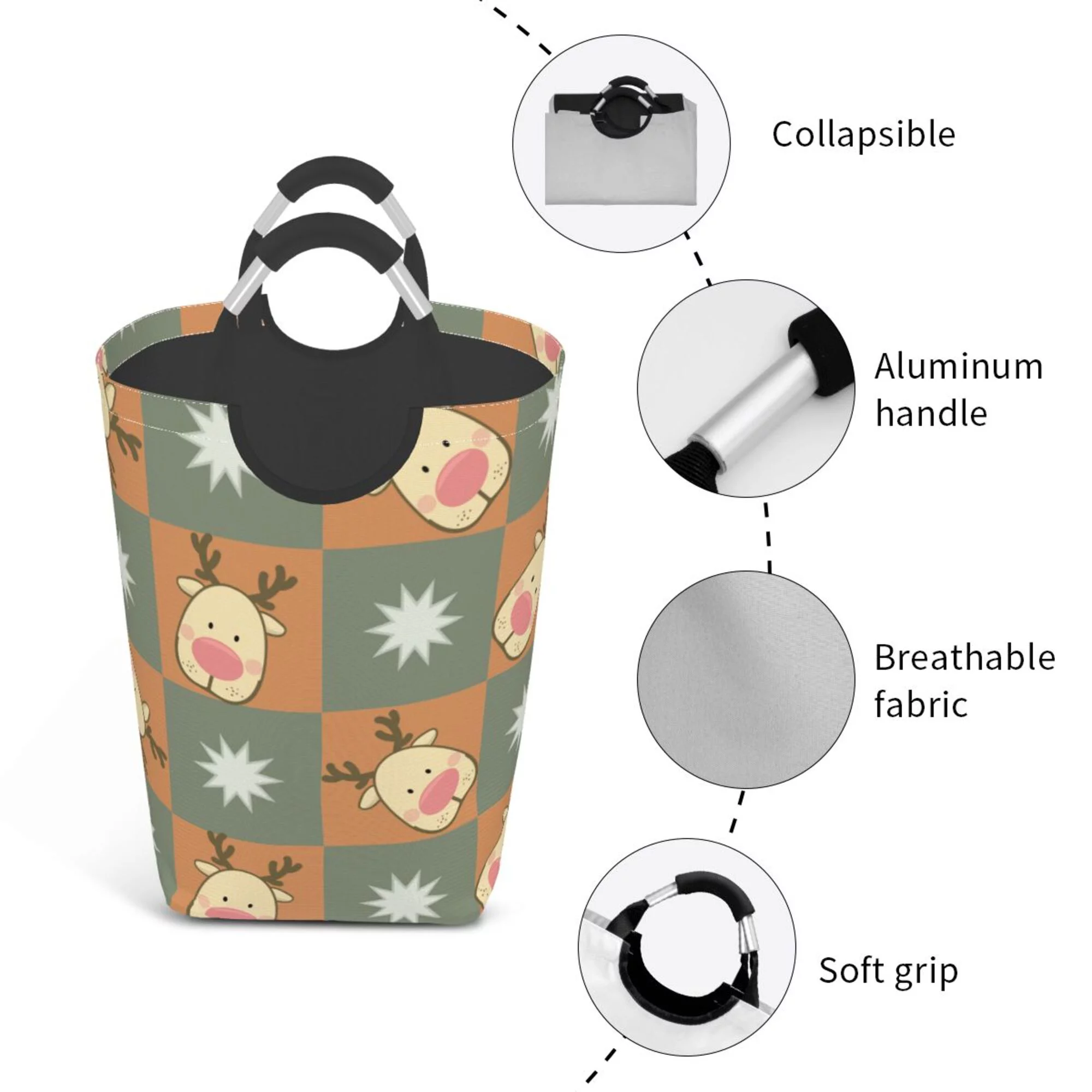 TEQUAN 50L Large Rectangular Laundry Hamper with Aluminum Handles, Elk Christmas Prints Waterproof Foldable Dirty Clothes Basket