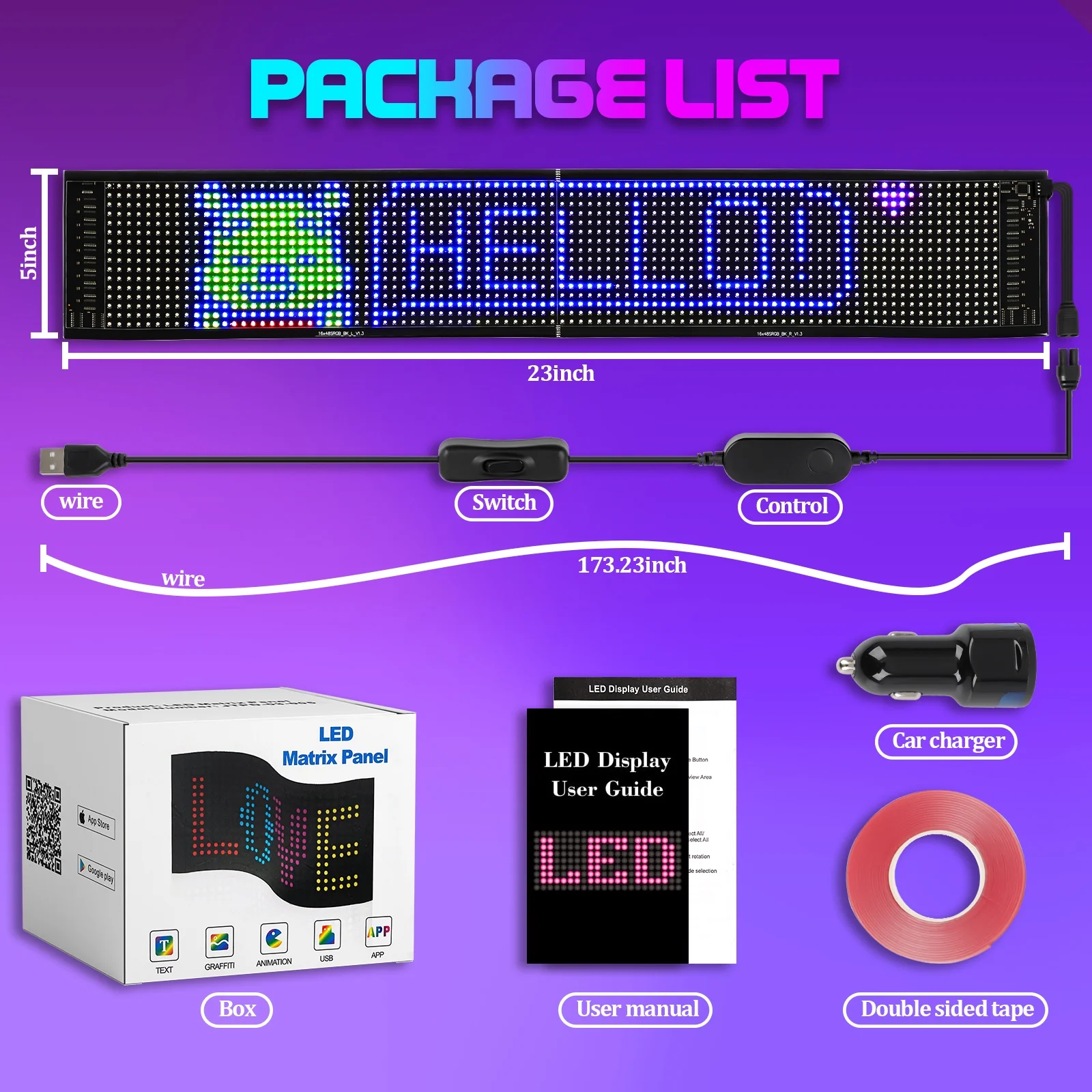 Oleyer LED Car Sign,Scrolling LED Sign,Flexible LED RGB Color Sign,Bluetooth APP,DIY Design Animations,Text, Graffiti,Programmable LED for business,Car,Bar,Hotel(23''x5'')