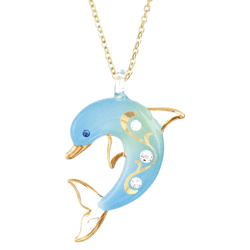 Glass Baron 22K Gilding Accent Gold-trim Turquoise Glass with Crystal from Swarovski Accent Dolphin 18 inch Gold-tone Necklace QGM9398