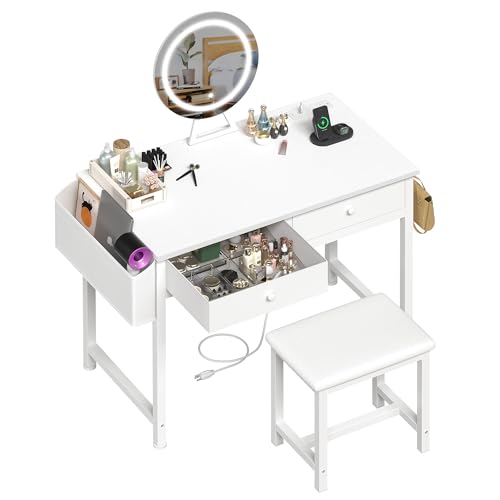 Makeup Vanity Desk with Mirror and Lights - Girls White Vanity Table Set with Chair, Fabric Drawers, Power Outlet, Small Modern Make Up Dressing Table for Bedroom