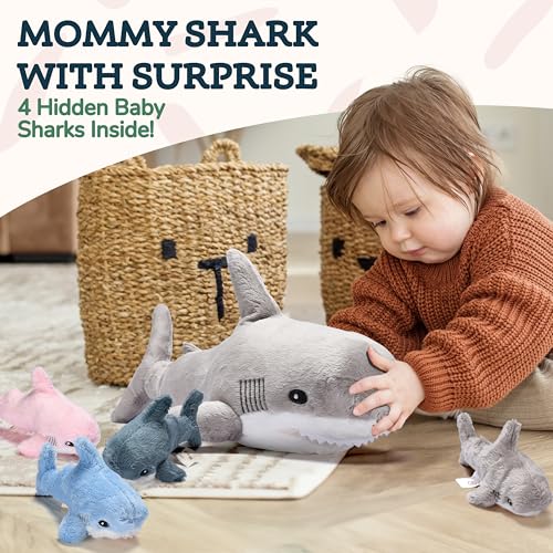 Shark Stuffed Animal, Large Blahaj Shark Plushie with 6 Under The Sea Mini Stuffed Toys - Multicolor Plushies with Storage Space for Other Toys - Megalodon Stuffed Sharks