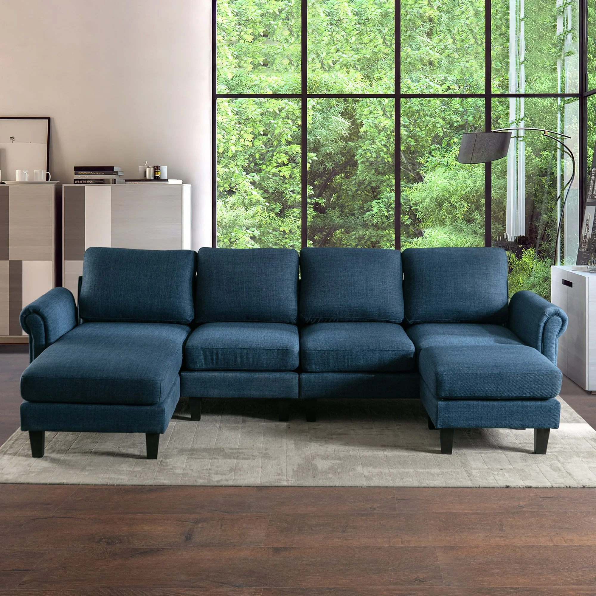ANDEONLINE IN Contemporary Upholstered Linen U-Shaped Sectional Couch with Chaise and Ottoman Charcoal Grey