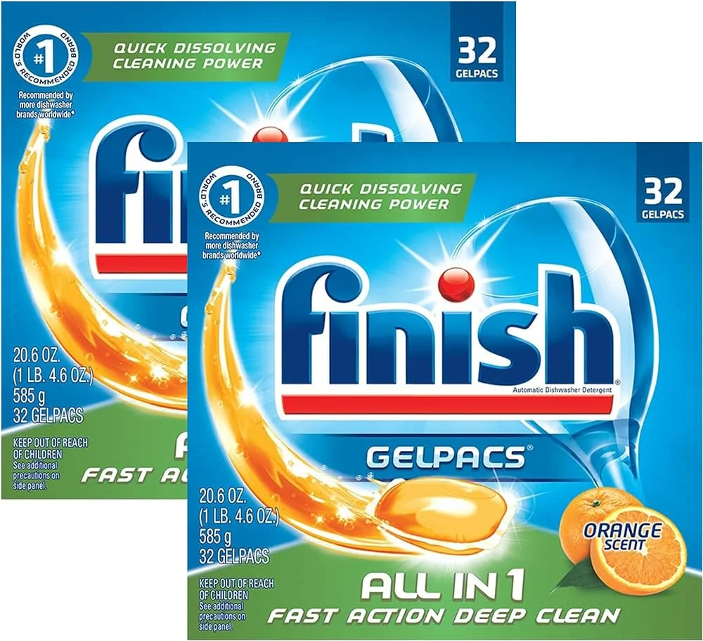 Finish All in 1 Gelpacs, Dishwasher Detergent Tablets, Orange, 32 Count (Pack of 2)