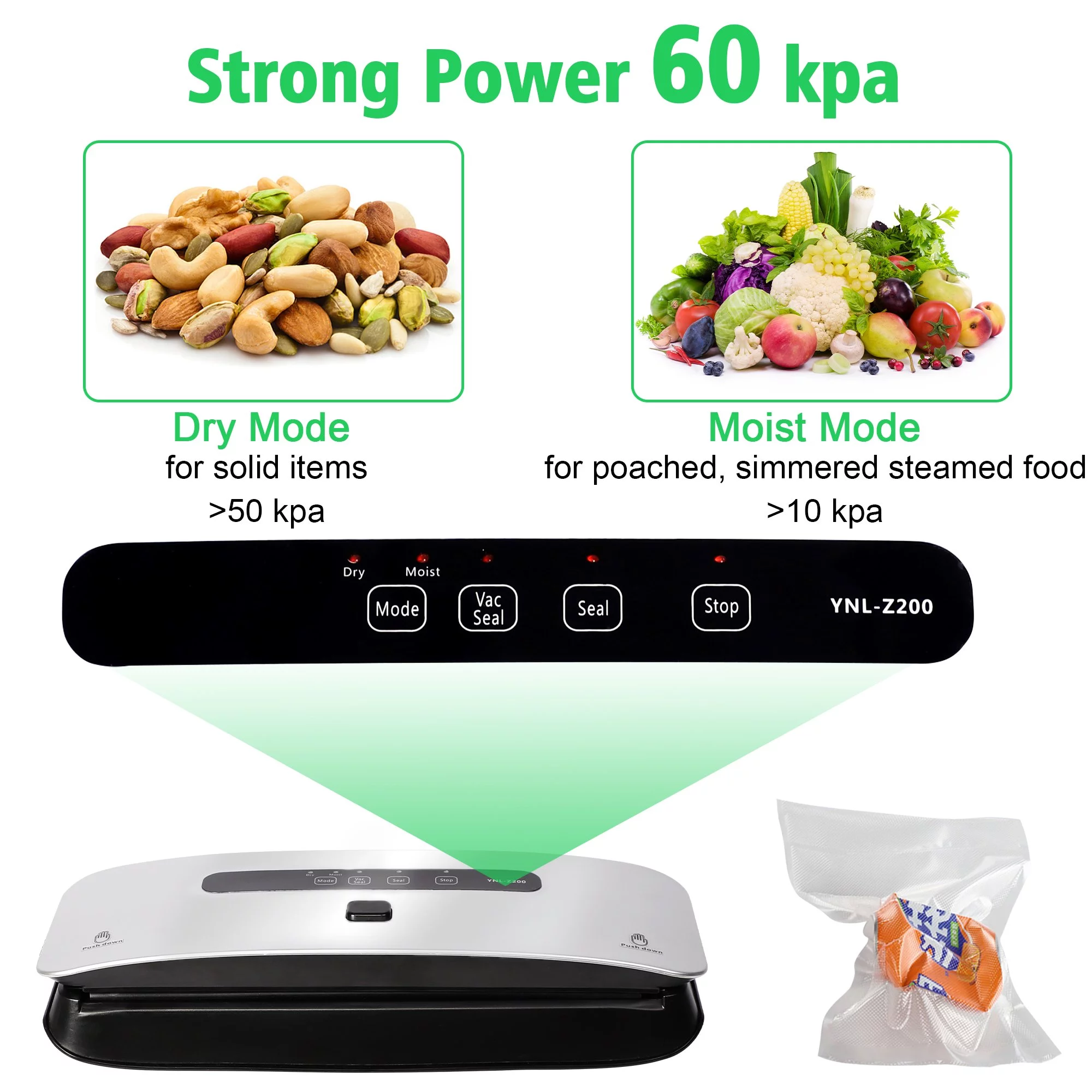 Food Vacuum Sealer Machine Strong Suction Power Dry and Moist Mode Starter Kit for Food Preservation and Sous Vide, Compact and Lightweight, 10 Vacuum Sealer Bags 1 Roll and 1 Sealing Ring Included