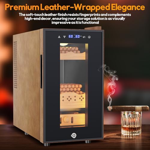 Electric Humidor, 25L 150 Counts Large Capacity,Thermostatic Cooling Humidor Cabinet with Spanish Cedar Wood Shelves, Digital LED Screen, Safety Lock, Father's Day Gift for Men
