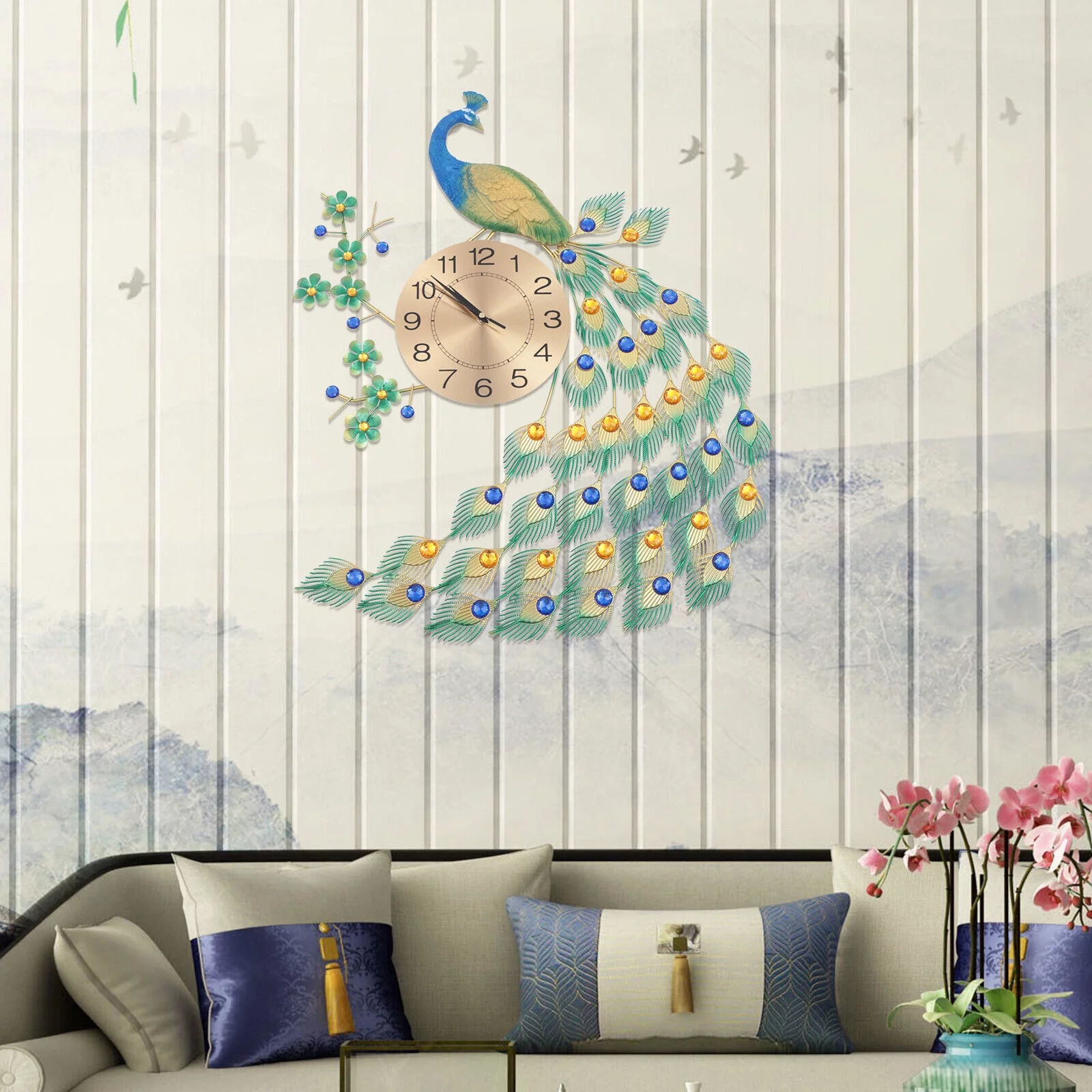 Modern Luxury Peacock Wall Clock 3D Metal 8.26" Big Watch Art Home Decoration Modern Victorian Peacock Large Wall Clock Luxury Metal Watch Living Room Decor Colorful Wall Clock Luxury Metal