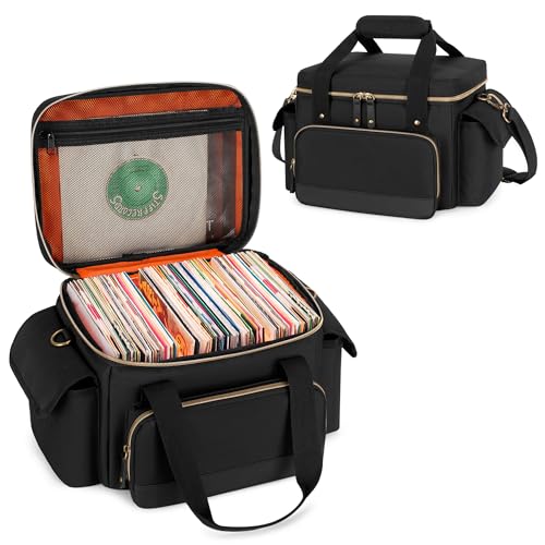 Damero Vinyl Record Storage Box for 7 Inch Records, Album Storage Carrying Bag for 80+ LP Records, Vinyl Record Carrying Bag with Dividers for Travel, Collection, Concert, Bag Only