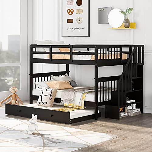 Harper & Bright Designs Full Over Full Bunk Beds with Twin Size Trundle and Stairs, Wood Bunk Bed with Storage Shelves and Guard Rail, Full Size Bunk Bed Frame for Kids, Teens, Adults (Full, White)