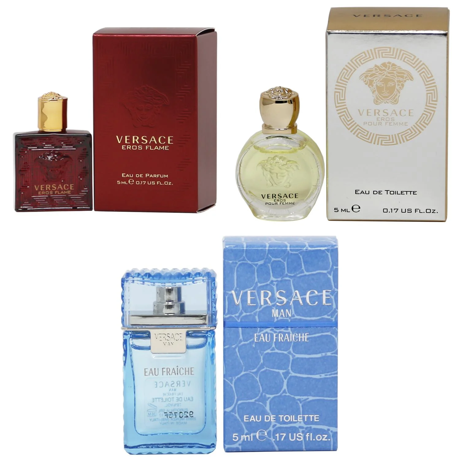 Versace Eros Flame EDP, Eros Women EDT, Man Eau Fraiche EDT - 5ml 3PK Kit