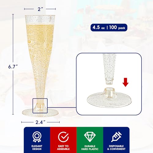 JOLLY CHEF 100 Pack Plastic Champagne Flutes Disposable 4.5 oz Gold Glitter Plastic Champagne Glasses for Wedding, Thanksgiving Day, Christmas