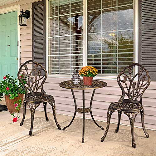 Yaheetech Patio Bistro Sets 3 Piece Cast Aluminum Bistro Table and Chairs Set, Cast Aluminum Bistro Table and Chairs Set of 2 with Umbrella Hole for Patio Backyard Balcony, Green