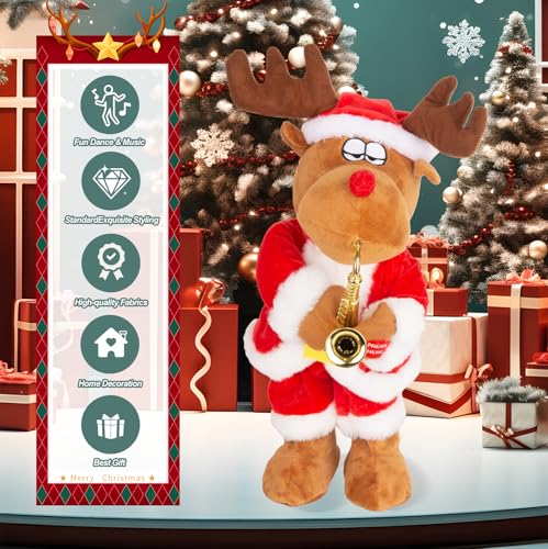 Electric Reindeer Toy with Singing, Dancing, and Saxophone Playing, Christmas Animatronics Musical Reindeer, Christmas Plush Doll Toy for Kids, Xmas Gift & Indoor Festive Decoration