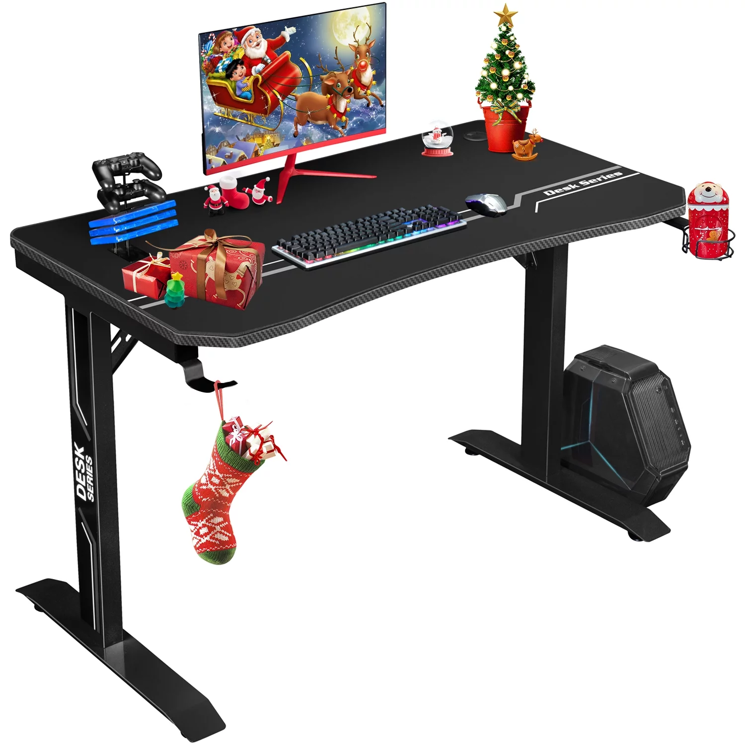 Walnew 55 inches Widen T-Shape Frame Gaming Computer Desk PC Gaming Desk Racing Style Carbon Fiber Surface Office Desk With Cup Holder and Headphone Hook (Black)