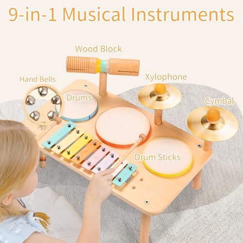 WINGYZ Kids Drum Set – 10-in-1 Montessori Toys for 1-3 Year Old & Wooden Musical Instruments for Toddlers, Baby Musical Toys with Drums, Xylophone, Cymbals, Bell & Tone Block, Gift for 1-3 Boys Girls