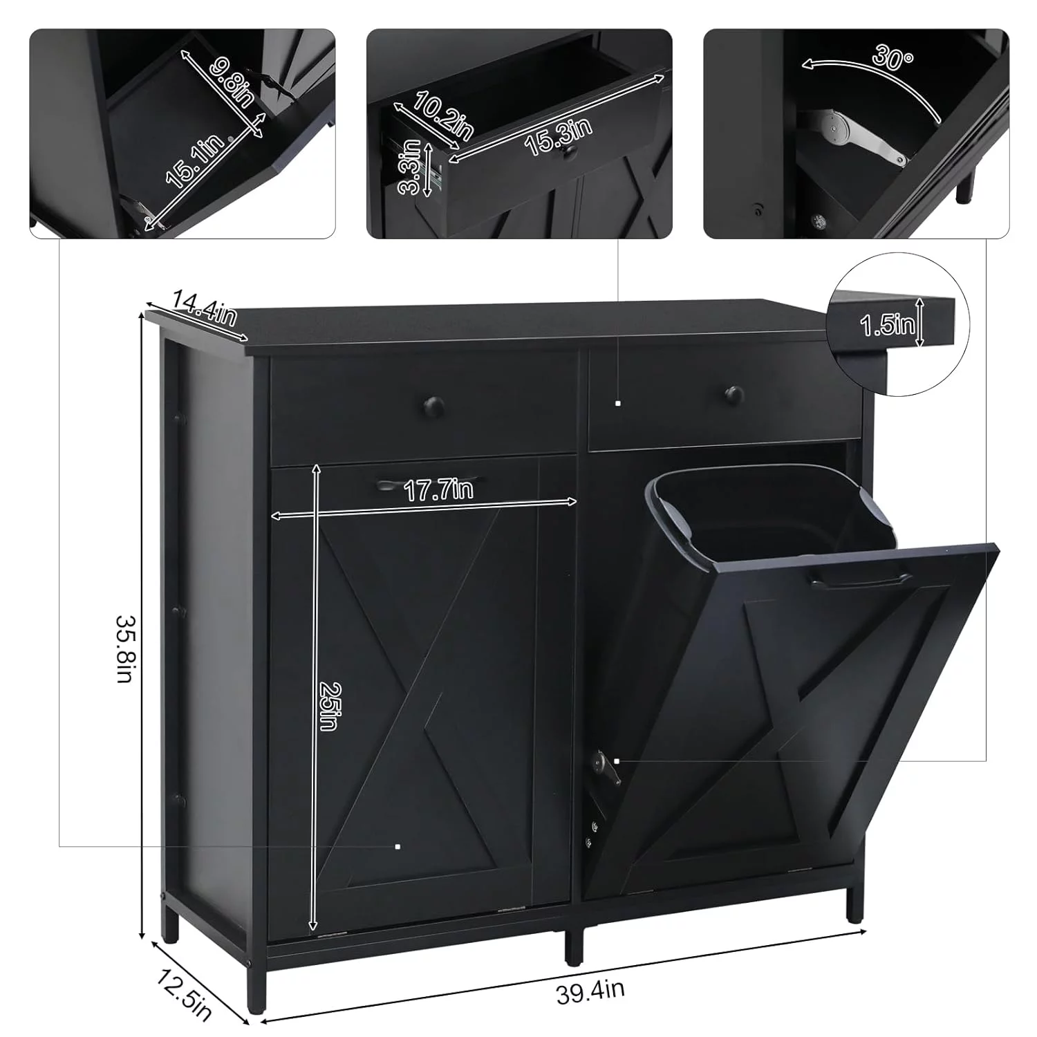 Arlopu Double Tilt Out Trash Cabinet Freestanding Kitchen Recycling Cabinet Garbage Can Holder with Drawers