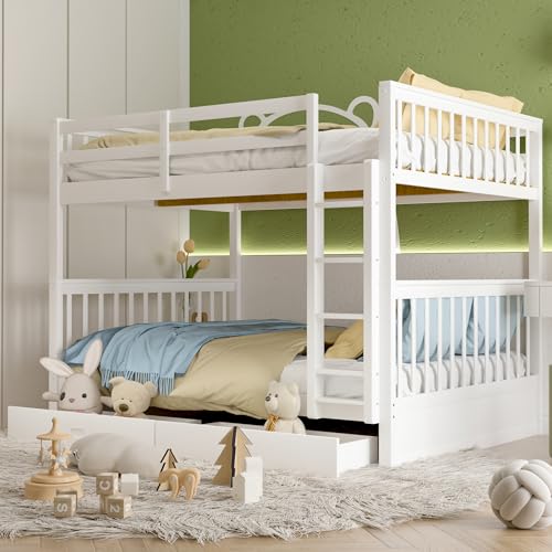 Merax Wood Bunk Bed with Drawers,Convertible Wood Bunk Bed with Ladders and Two Storage Drawers,Solid Wood Detachable Bunk Bed Frame with Ladders,Twin Over Twin Size,Grey