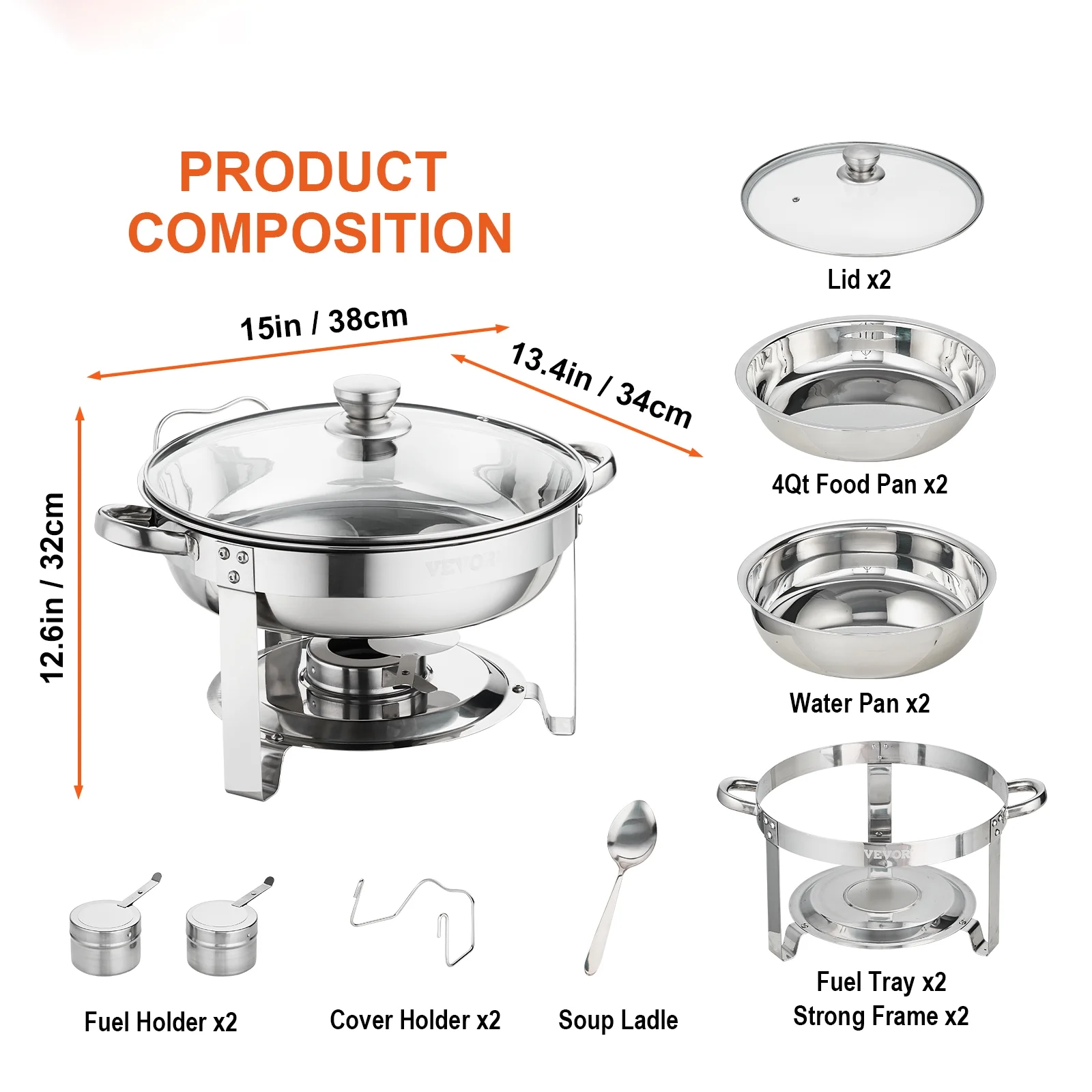 BENTISM 2-Packs Chafing Dish Buffet Set Chafing 4Qt Round Buffet Chafe Warmer Set Stainless Steel Chafer with Glass Lid Fuel Holder