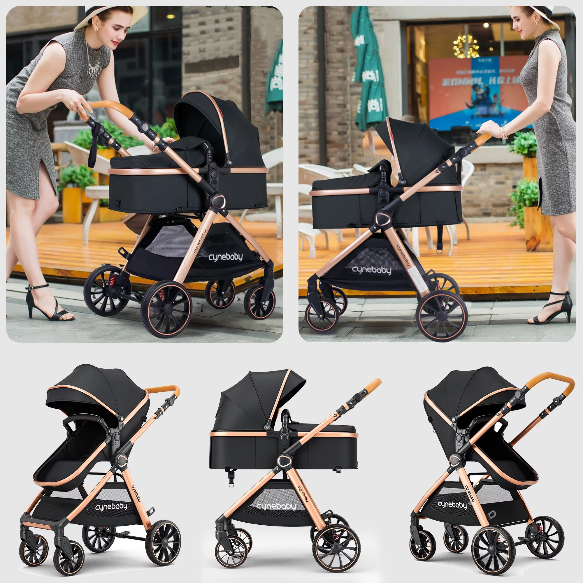 Cynebaby Baby Stroller 2 in 1 Newborn Convertible Stroller Bassinet for Infant, Black