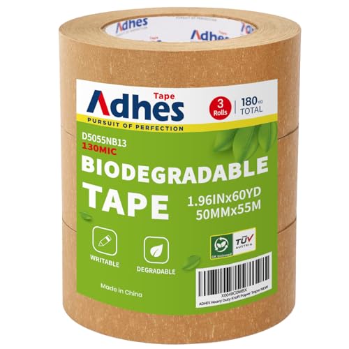 ADHES Kraft Paper Tape, 2 Inch x 60 Yards x 3 Rolls, Biodegradable Paper Packing Tape Writable & Uncoated Brown Shipping Tape for Shipping, Moving, Sealing