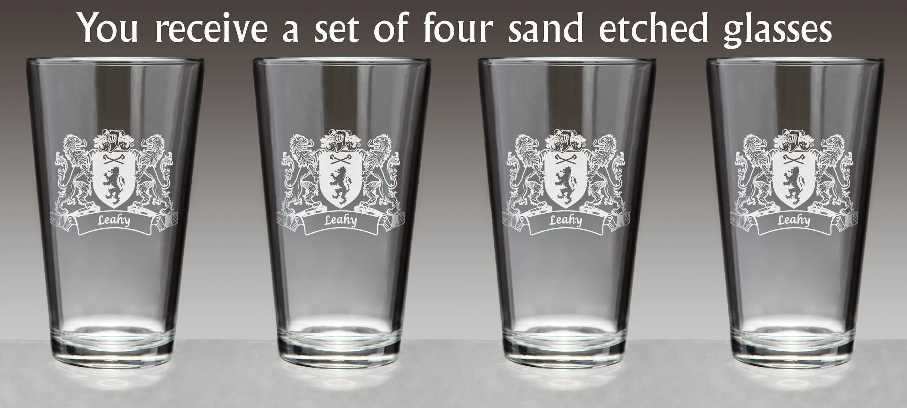 Leahy Irish Coat of Arms Lions Pint Glasses (Sand Etched)