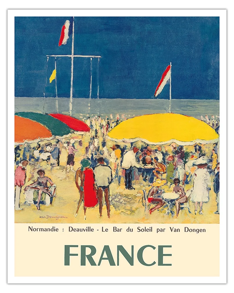 France - Deauville Normandie (Normandy) - Le Bar du Soleil (The Sunshine Bar) - Vintage Travel Poster by Kees Van Dongen c.1960 - Fine Art Matte Paper Print (Unframed) 16x20in