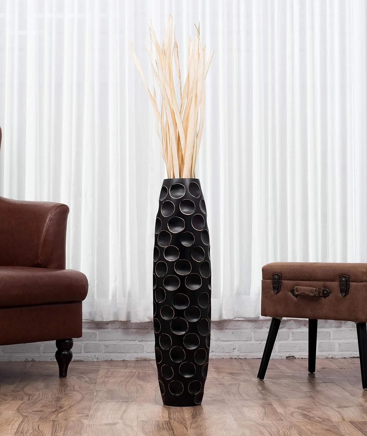 YGDU Large Floor Vase – Handmade Flower Holder Made of Wood, Sophisticated Vessel for Decorative Branches and Dried Flowers, 28 inches, Black