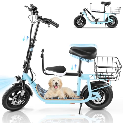 Caroma Peak 500W/800W/1200W Electric Scooter with Seat, 30 Miles Max Range Electric Scooter Adults&Teens, 48V Large Battery, 20MPH Top Speed Foldable Ebike, Adjustable E-Bike with Basket&Kid Seat