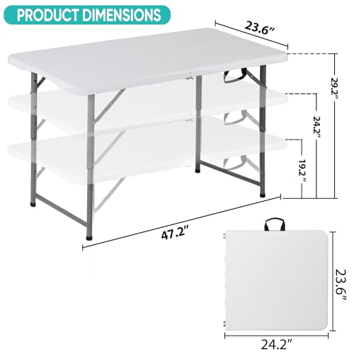 SUPER DEAL Portable 4 Foot Plastic Folding Table, Indoor Outdoor Heavy Duty Fold-in-Half Picnic Party Camping Barbecues Table with Carrying Handle, White