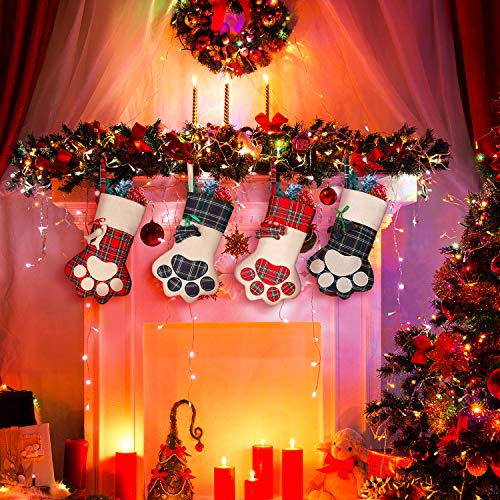 Skylety 4 Pieces 16 Inch Pet Christmas Stockings Plaid Paw Stockings Buffalo Check Xmas Fireplace Hanging Stockings for Christmas Decorations