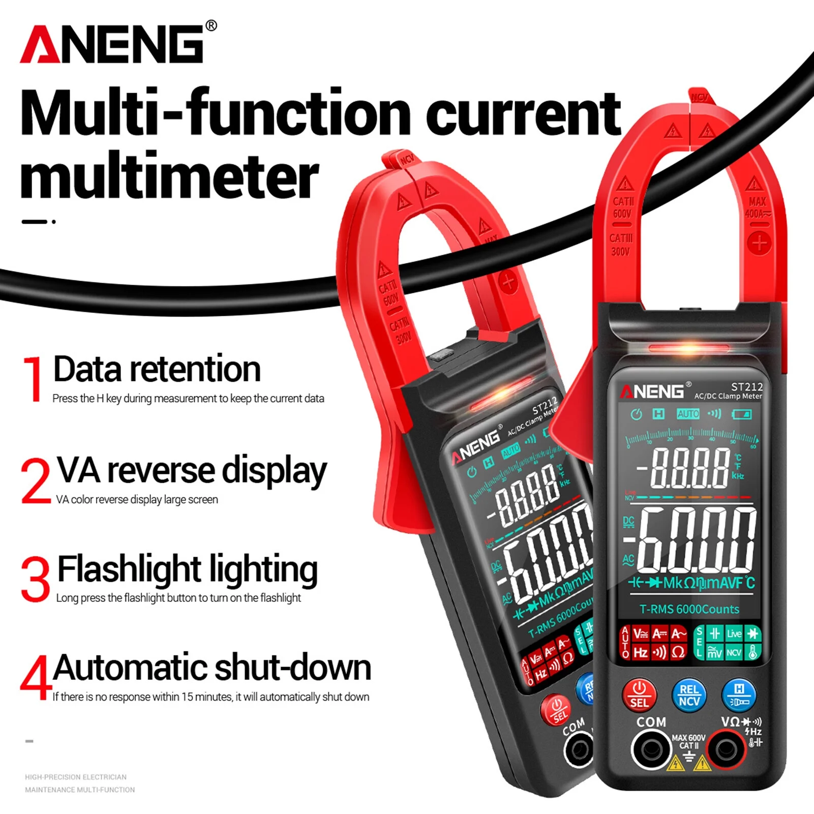 ANENG ST212 Clamp Meter Intelligent Digital Clamp Multimeter 6000 Counts Smart AC & DC Voltmeter 400A Ammeter VA Colored Display Auto Clamp Type Tester NCV Non- Voltage Measurer Resistance