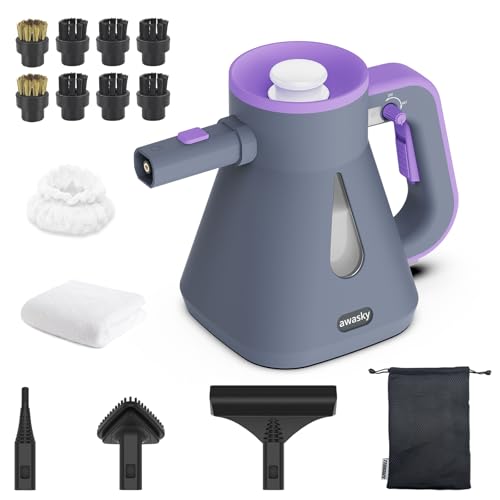 Steam Cleaner Handheld: 1200W Fast 10-Sec Heat-Up-750mL (25oz) Tank-No Cooling-Refill Anytime-Lockable Steam Trigger-14-Piece Kit Hand Held Steamer for Home Car Grout Tile Cleaning Grey