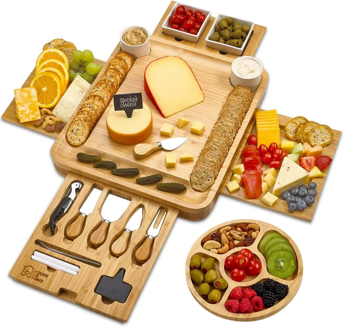 Large Charcuterie Board Set - Bonus Recipe Book - 2 Ceramic Bowls & Plates, 4 Magnetic Drawers Bamboo Cheese Knife Set, Round Tray - Christmas & Housewarming Gifts