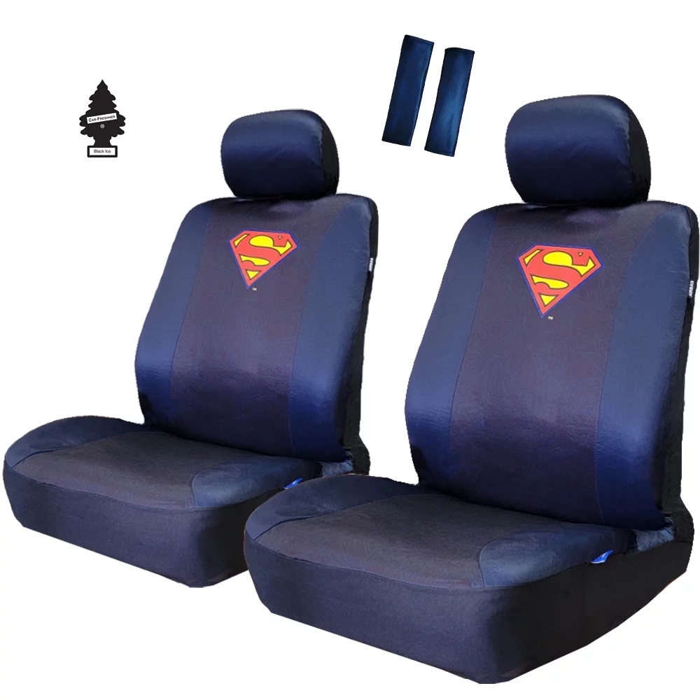 Pair DC Comic Superman Logo Car Seat Covers Shoulder Pads Set from BDK Bundle with Air Freshener