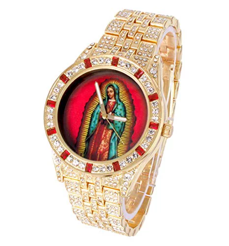 Charles Raymond The Virgin of Guadalupe Blessed Dial - Mens Hip Hop Metal Timepiece - Blood Red Baguettes and Clear Rhinestones on Trim w/Iced Cuban Bracelet - (ST10361BC Gold)