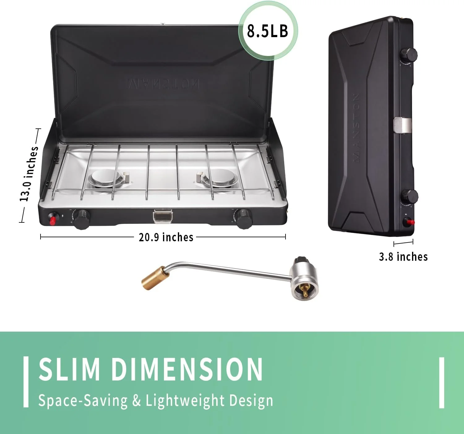 VANSTON 2-Burner Propane Camping Stove, 20,000 Total BTUs Portable Gas Camping Grill, Stovetop with Adjustable Burners, Wind Guards, Heavy-Duty Latch, Built-in Carrying Handle, Pressure regulator